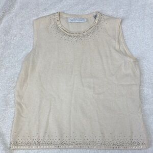 Valerie Stevens Cream Ribbed Embellished Tank Top 100% cashmere